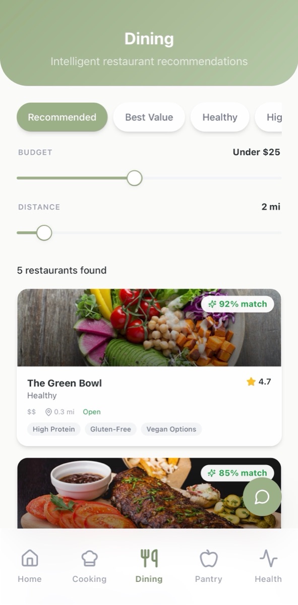 Eats AI dining screen with restaurant dish recommendations