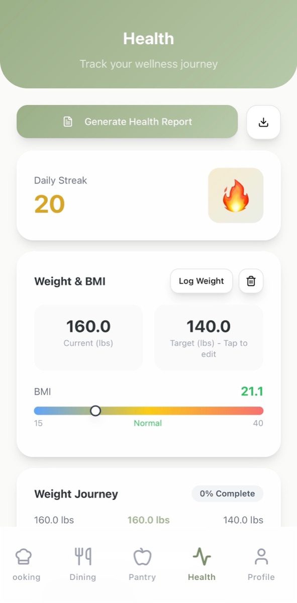 Eats AI health screen with weight, streaks and score