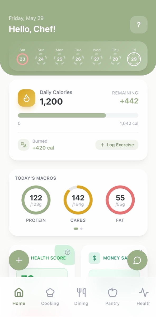Eats AI home dashboard with calories and macros