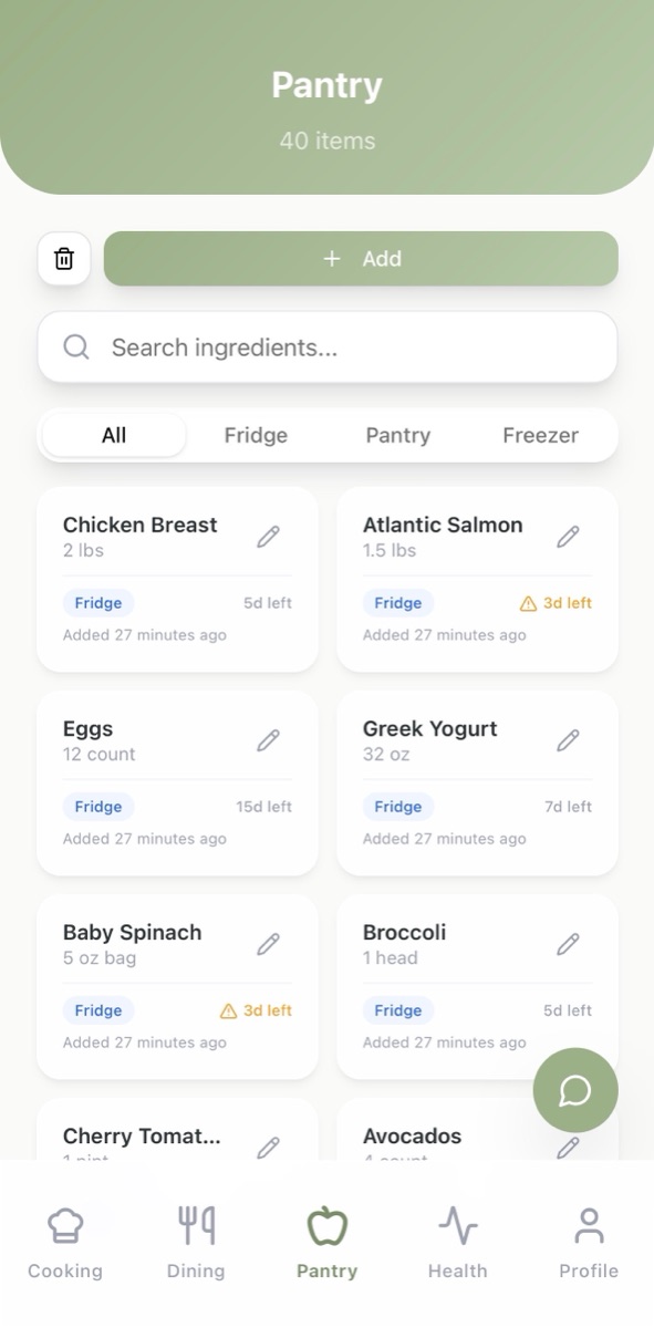 Eats AI pantry screen tracking ingredients and expiry